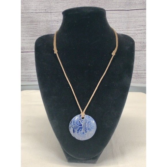 Hand Crafted Jewelry - Blue/White Swirl Patterned Handmade Round Pendant with adjustable leather cord